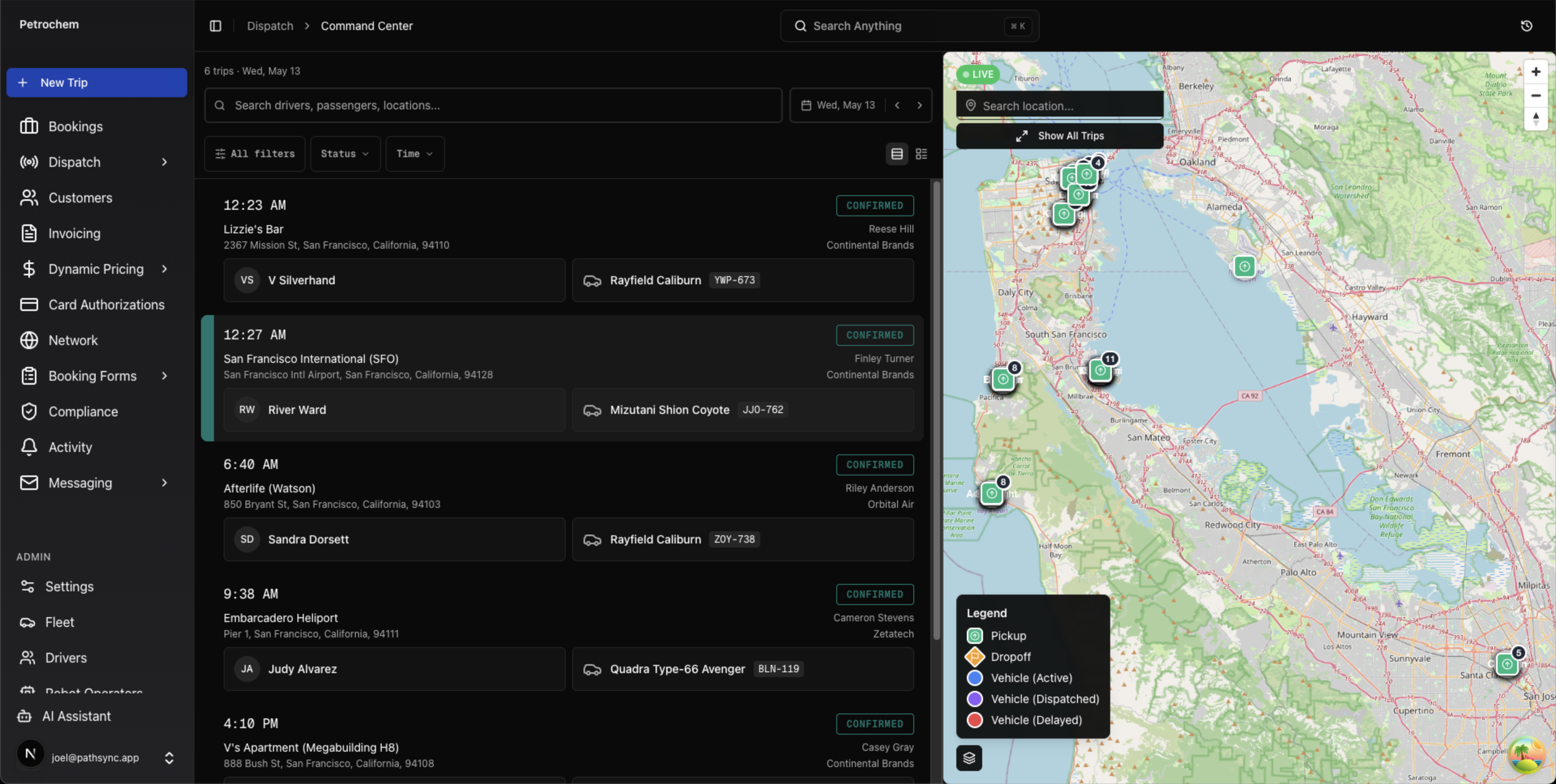 PathSync Command Center — live SF Bay Area trip map with confirmed pickups