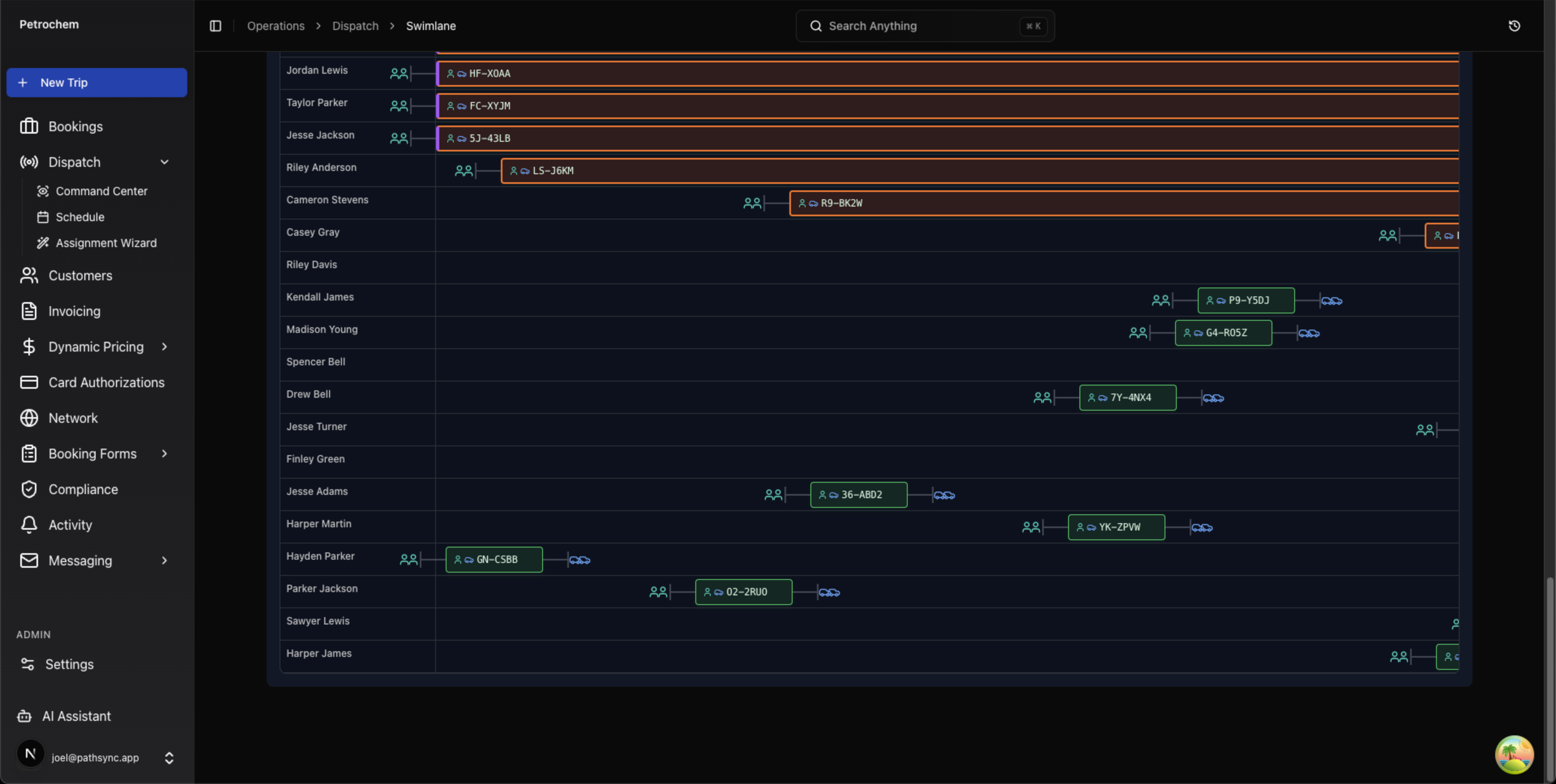 Dispatch Assignments — available driver and vehicle pools with quick filters