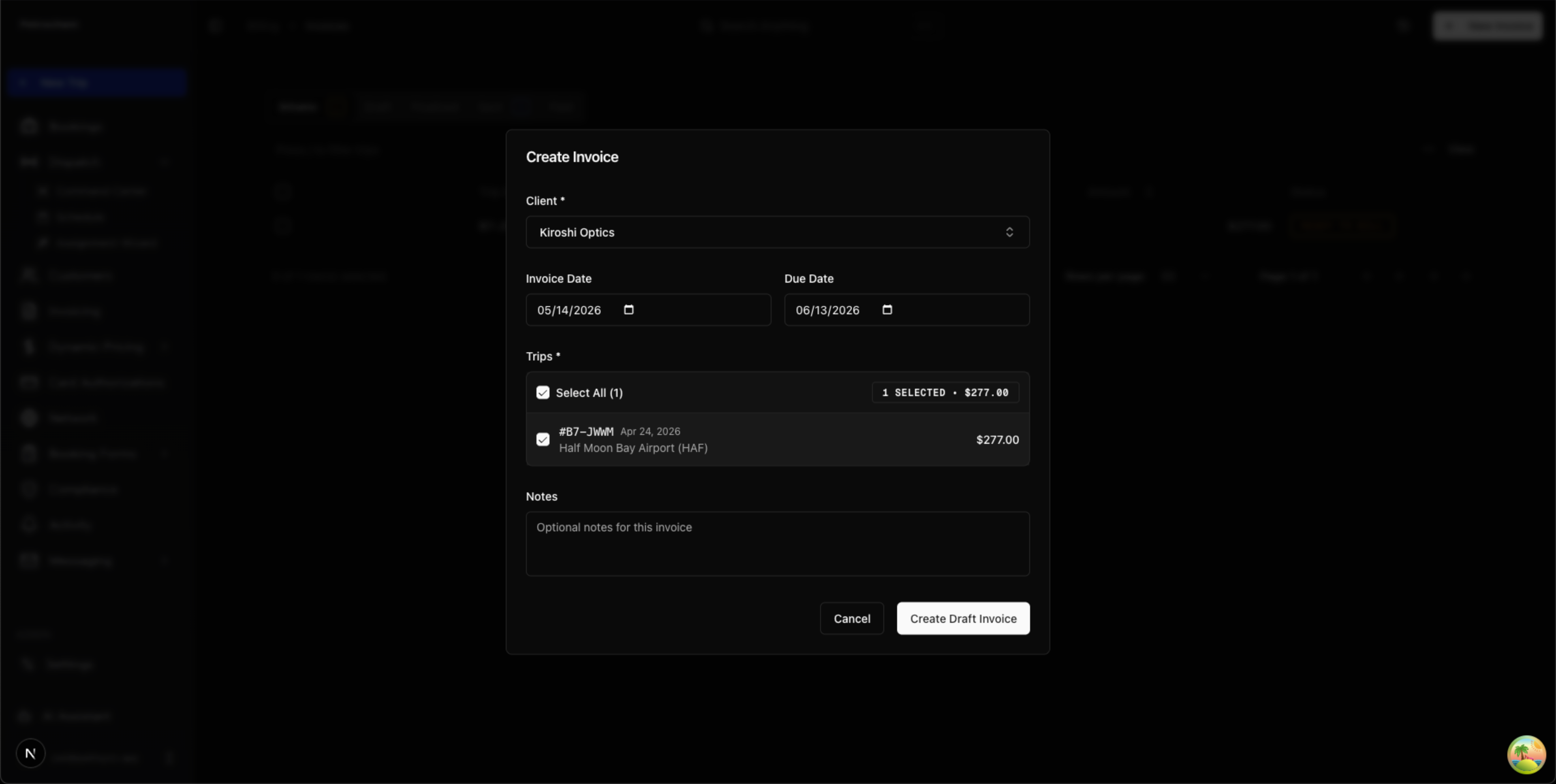 Create Invoice modal — multi-trip selection with client and date controls