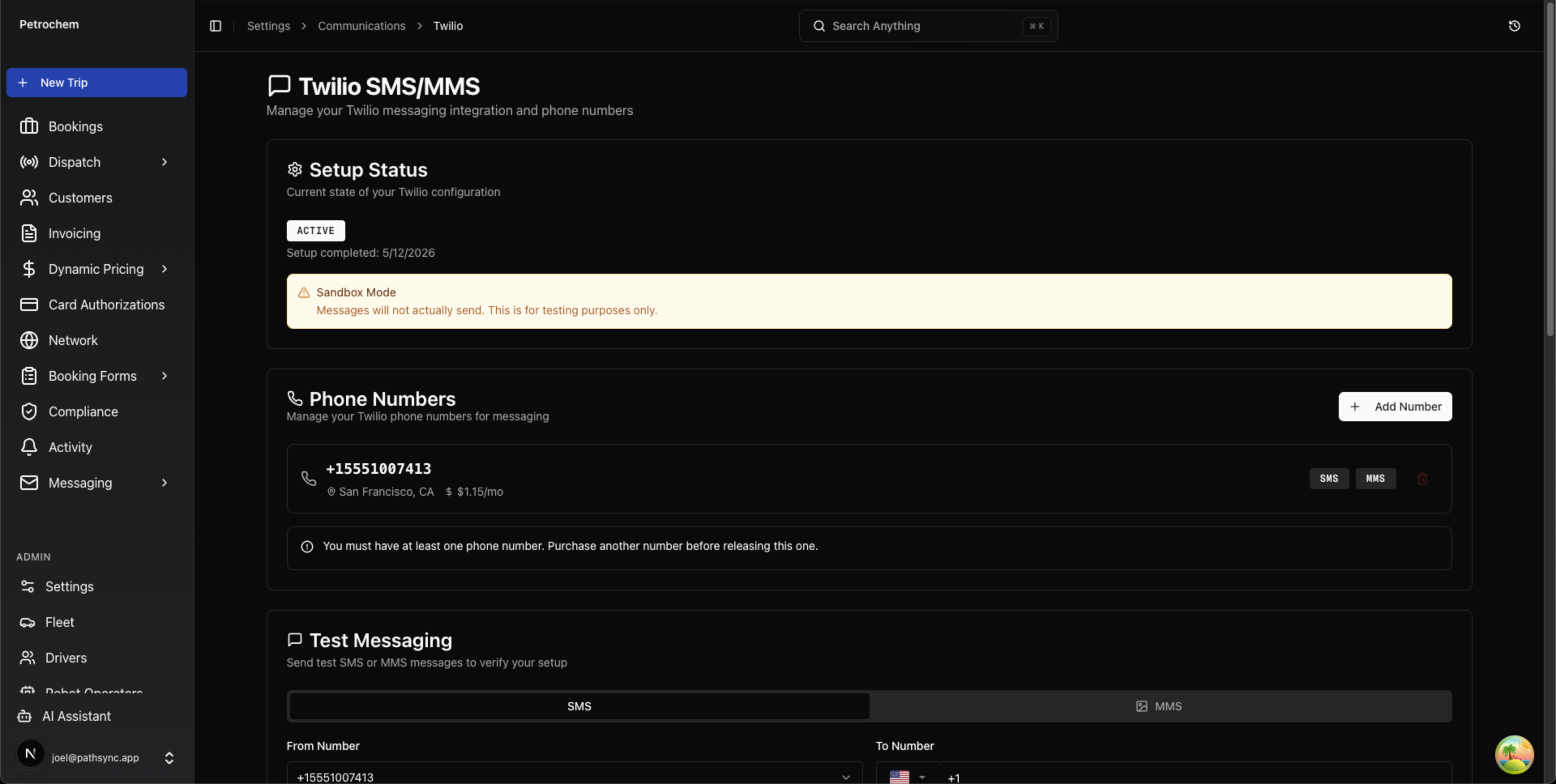 Twilio SMS/MMS settings — integration configuration and test messaging